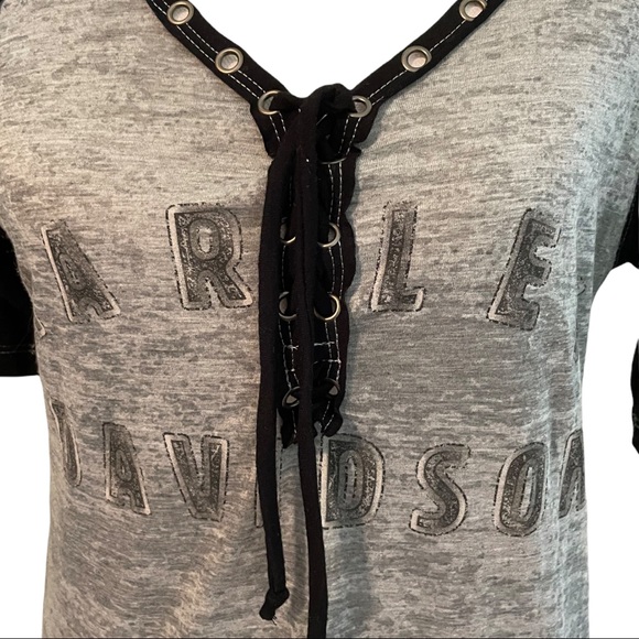 Harley Davidson Authentic Laced Front Gray Black Raglan Eagle Logo Graphic Tee - Picture 5 of 10